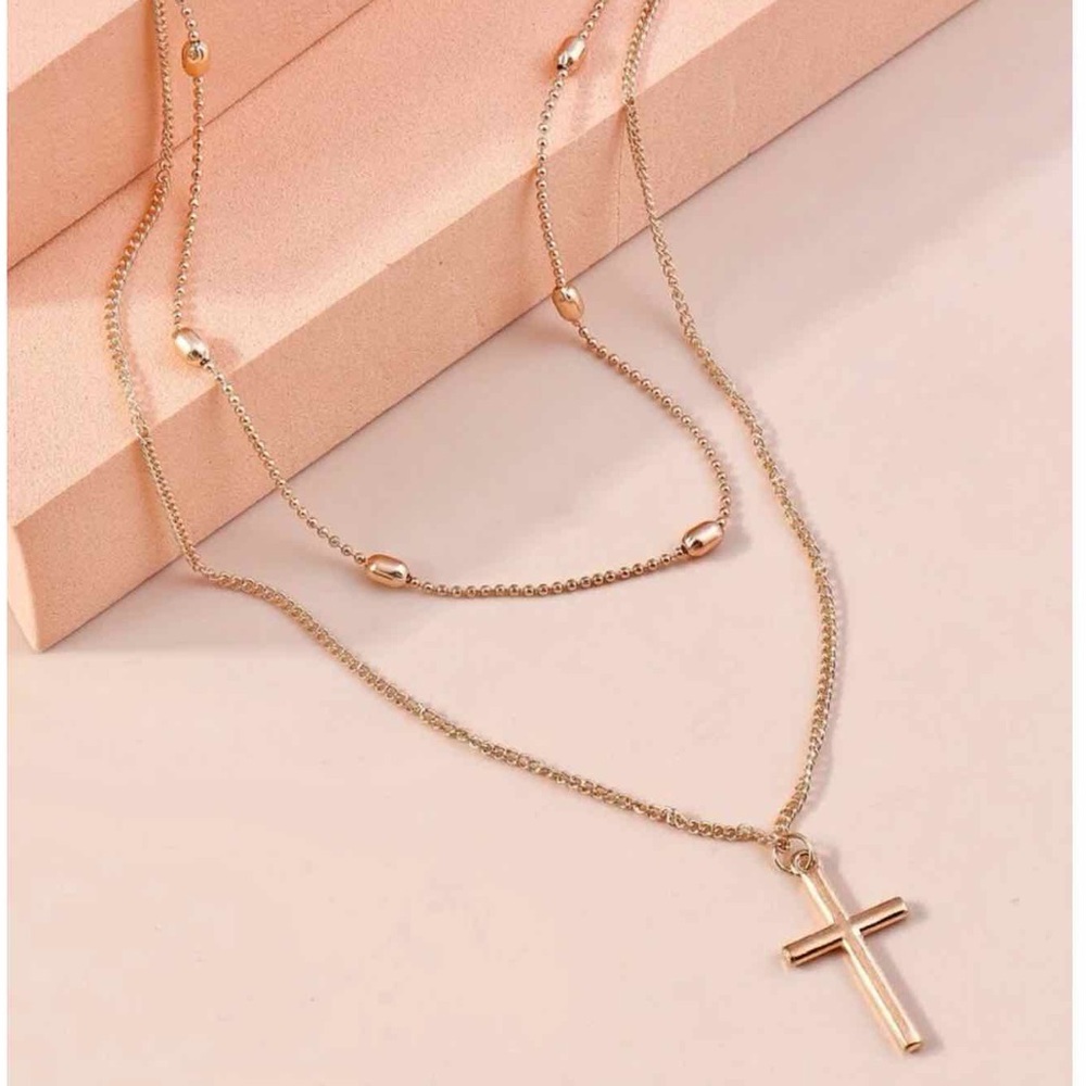 CROSS CHARM LAYERED NECKLACE - GOLD